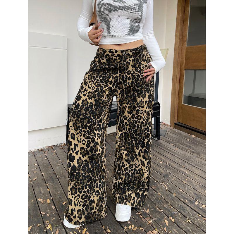 

Brother Nan Loose-Fit Sexy American Retro Leopard Print Denim Female Plus Size High Waist Straight-leg Loose Plus Size Ladies Draped Pants Leopard print L
