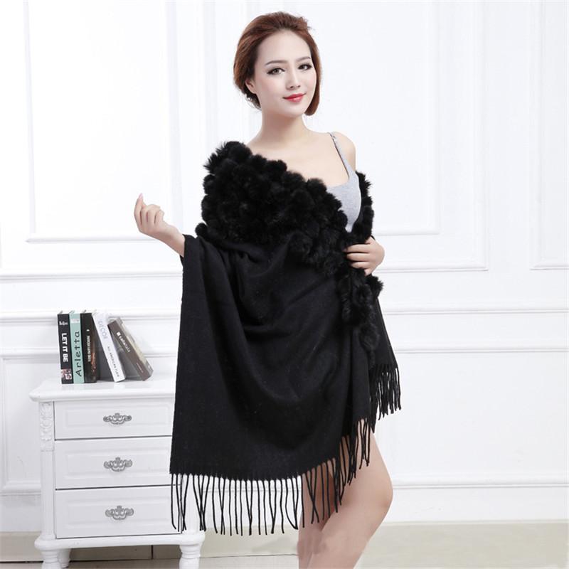 Women's Cashmere Wool Over Size Scarf With Rabbit Fur Ball Collar Winter Rabbit Fur Infinity Scarves Neck Fur Collar Hand Knit