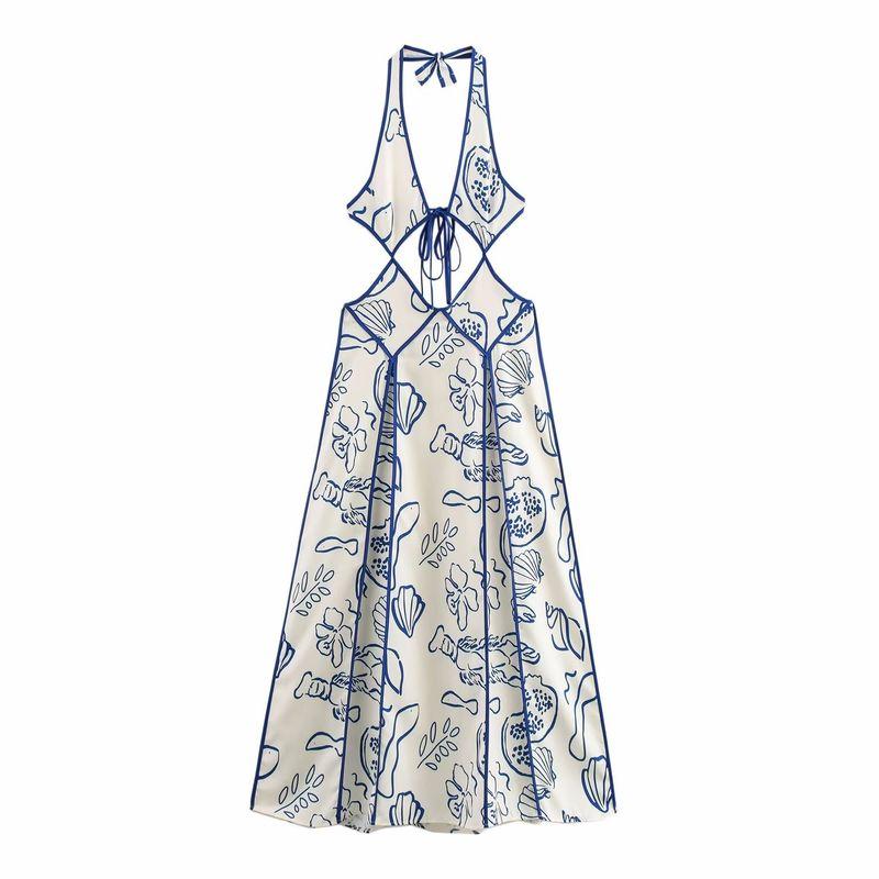 Jnleaog Autumn New Women's Clothing Fashion Style Retro Sexy Halter Floral Cut Out Long Dress