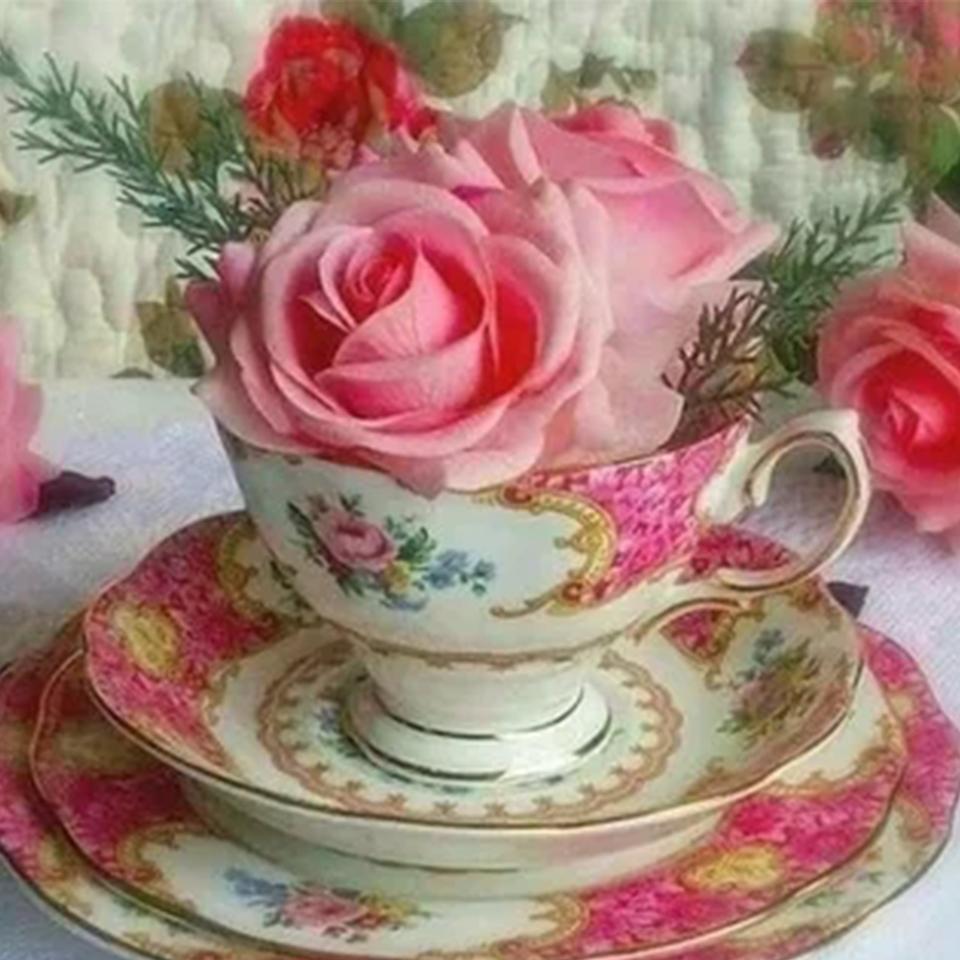 5D DIY Diamond Painted Kit Colorful Flower Tea Cup Handmade Cross Embroidery Dream Tea Pot Rose 2024 New Decoration Gifts