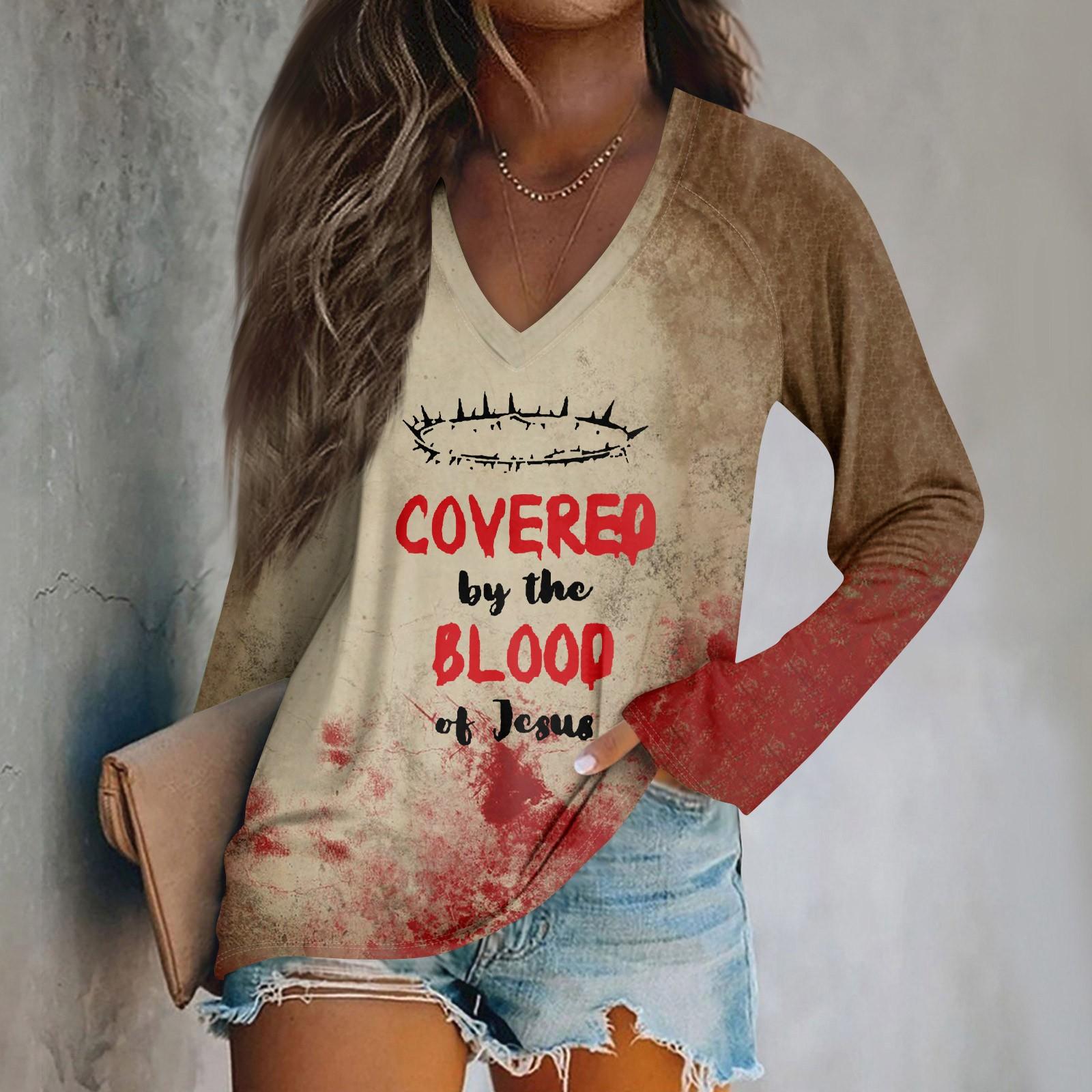 

Women s Fashion Casual Long Sleeve Halloween Printed v-Neck Top XXL червоний