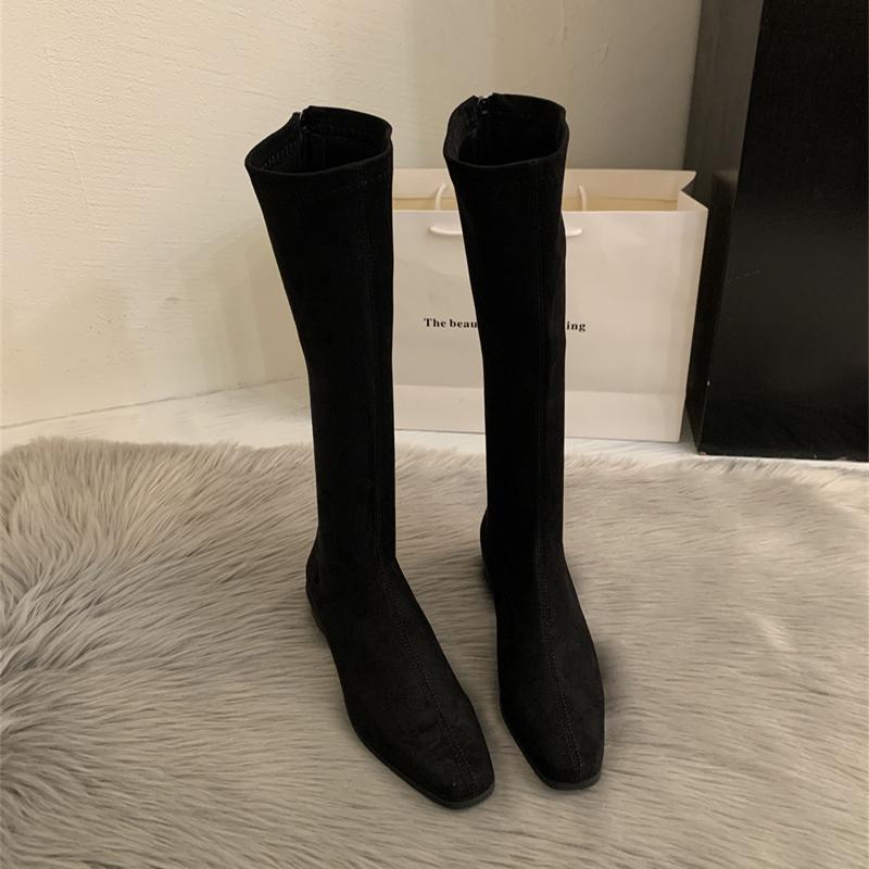 Mote Vinter Vintage Slanke Dame Knehøye Støvletter Designer Tykke Hæler Sko Moderne Lange Støvletter For Kvinner