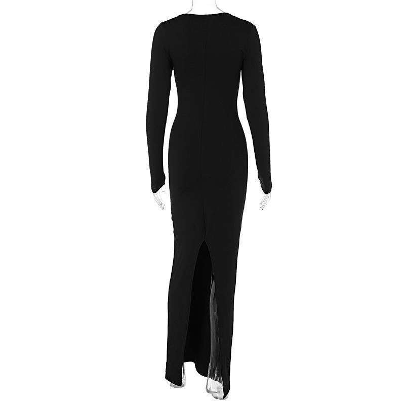 Black Evening Party Dress Women Elegant Fall Winter Outfits Asymmetrical Long Sleeve Night Club Party Split Maxi Dresses