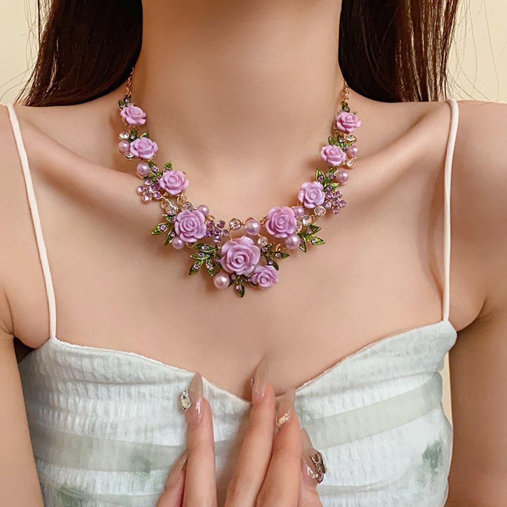 Colier cu Floare Roz Perlată Bijuterii Dulci pentru Femei Brățară Romantică cu Flori Vacanță