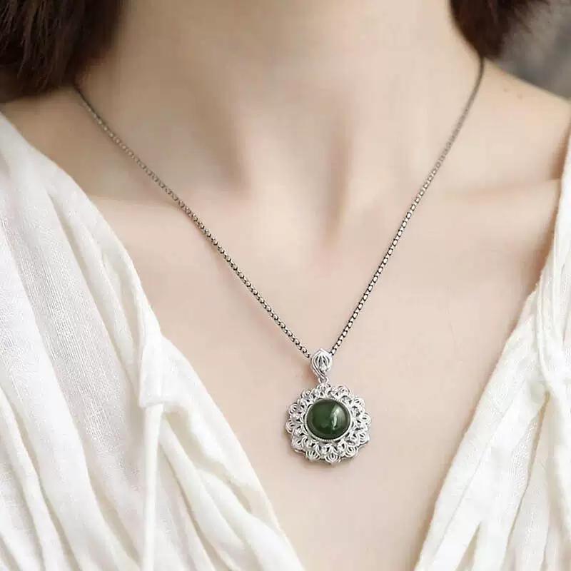 925 silver new Chinese sunflower Hetian egg surface hollow pendant necklace female retro national style niche design versatile