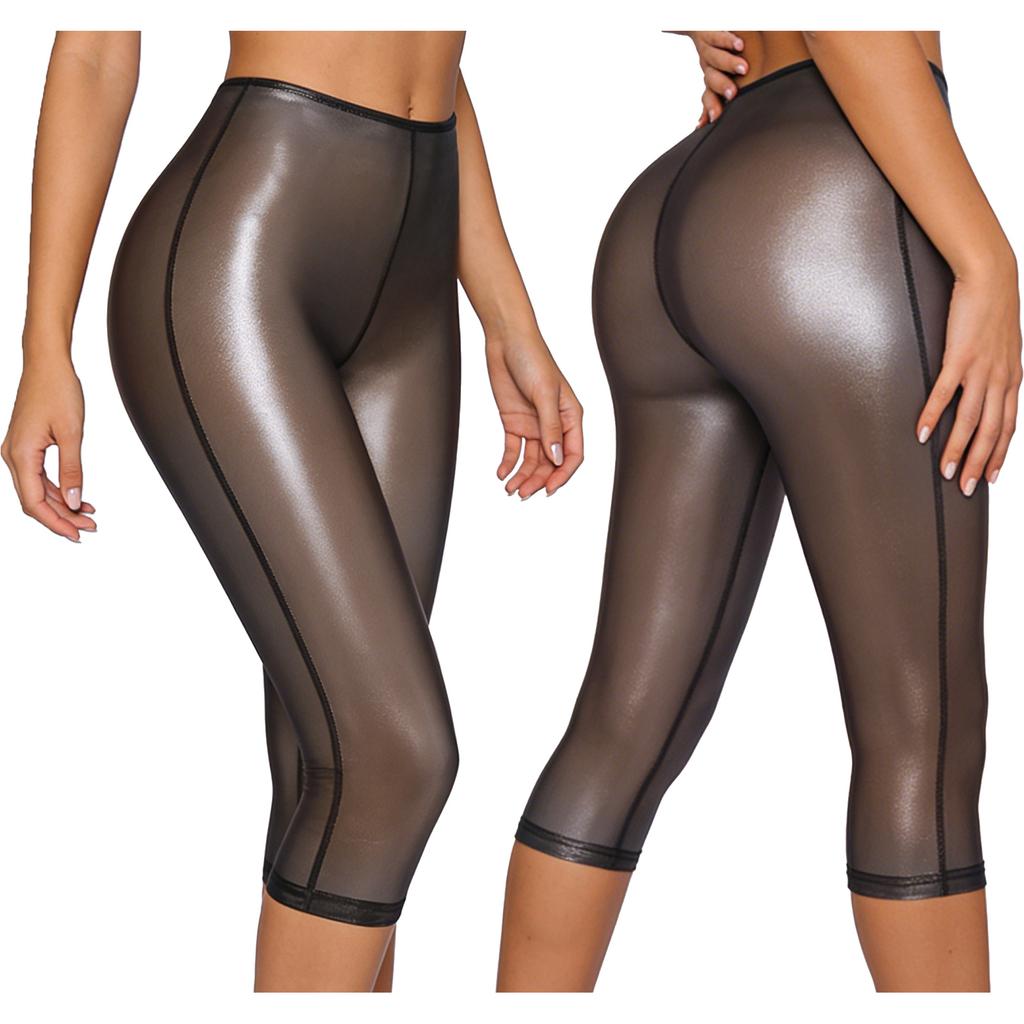 Womens Metallic Shiny Semi Transparent Capri Pants Elastic High Waist Tights Cover Up Pants