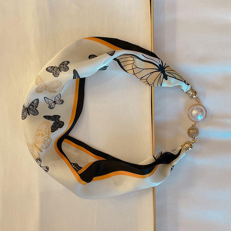 National Style Fragrant Cloud Yarn Magnetic Buckle Necklace Silk Scarf Women'S Summer Pearl Collarbone Chain Versatile High-End Scarf Neck Protection