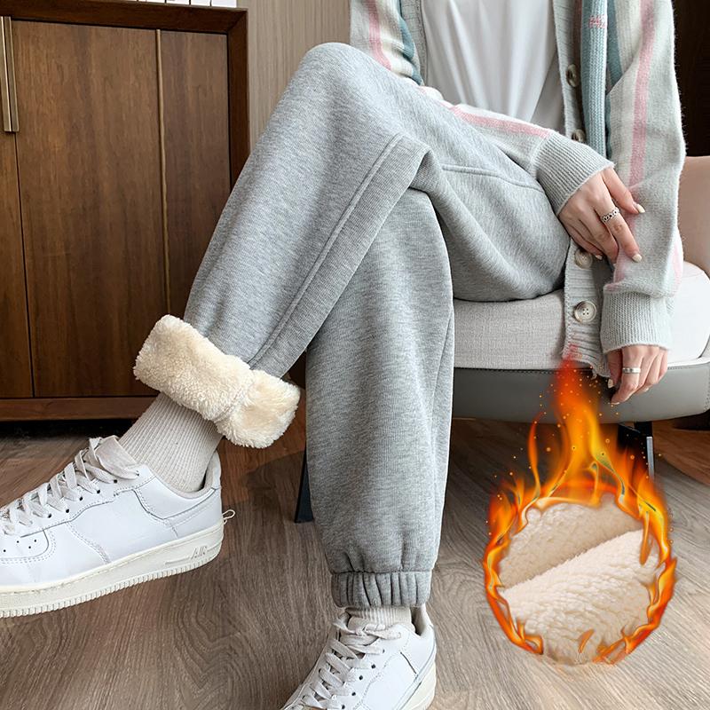 Herbst und Winter Warme Fleece Weitbeinige Hosen Damenmode Einfarbig Slim Hohe Taille Lässige Hosen Damen Einfarbig Elegant Plüsch Locker Damen Hosen 25698