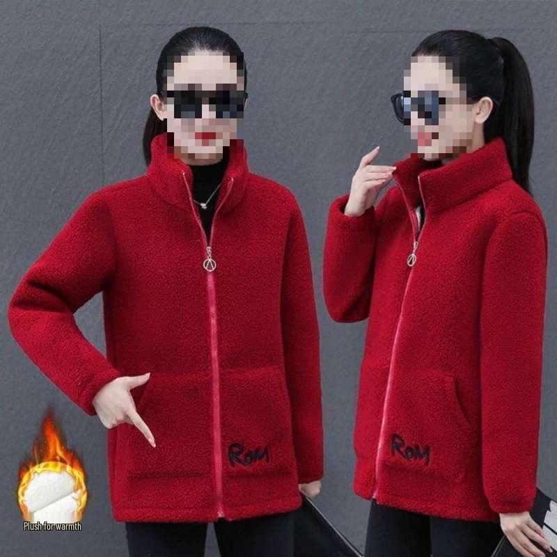 

Stylish Women s Cotton Padded Jacket with Fleece and Alpaca Wool, Thickened Winter Coat with Lamb Fleece. 2XL (for 100-115 jin) червоний