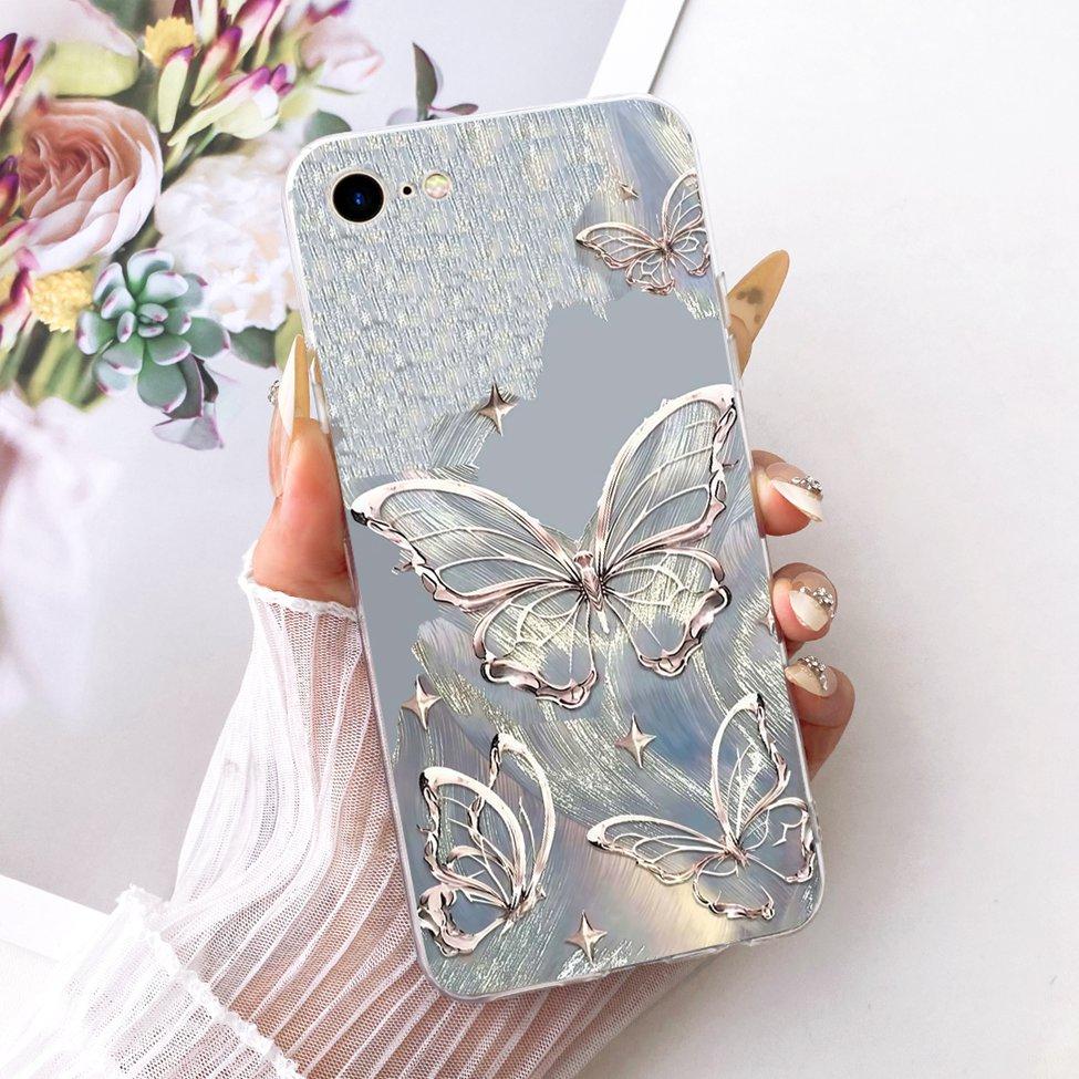 Clear Casing For iPhone 7 A1778 Cover For iPhone 8 A1905 Case Cute Cat Fashion Butterfly Luxury Kawaii 2D Painted