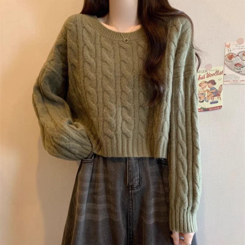 Women s Sage Green Cable Knit Crop Sweater Loose-fit Crew Neck Casual Knitted Top OneSize армия зеленый 2190₽