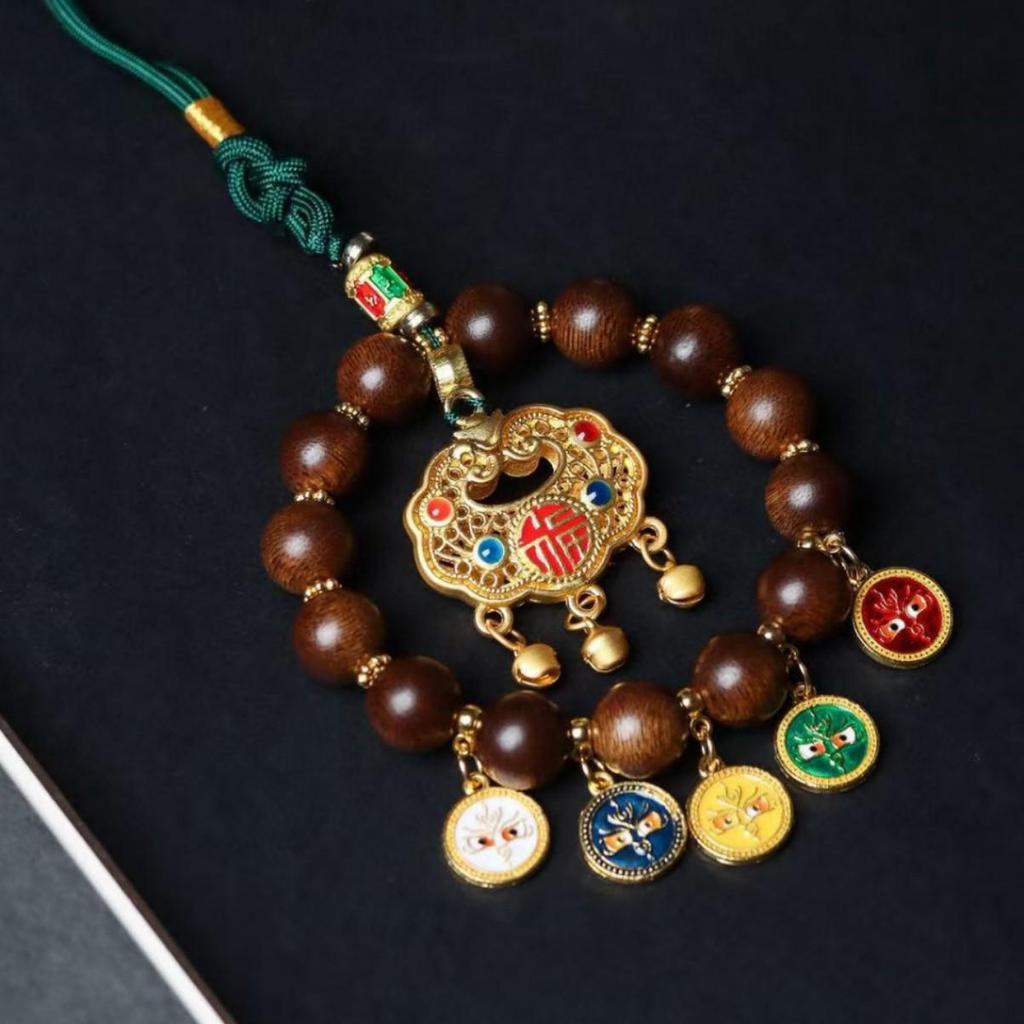 Five Gods Agarwood Car Pendant: High-End Fuso Red Soil Abacus Lock Accessory