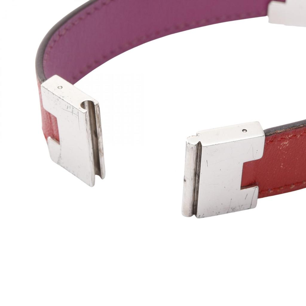 Used HERMES Lurie Bracelet Stainless Steel leather Silver Red Purple Used Women