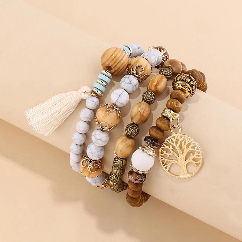 4ks/sada Boho dřevěný korálkový náramek sada pro ženy Tree Of Life Bílé střapce Charm Pružný řetízek Náramek Lady Bohemia Jewelry