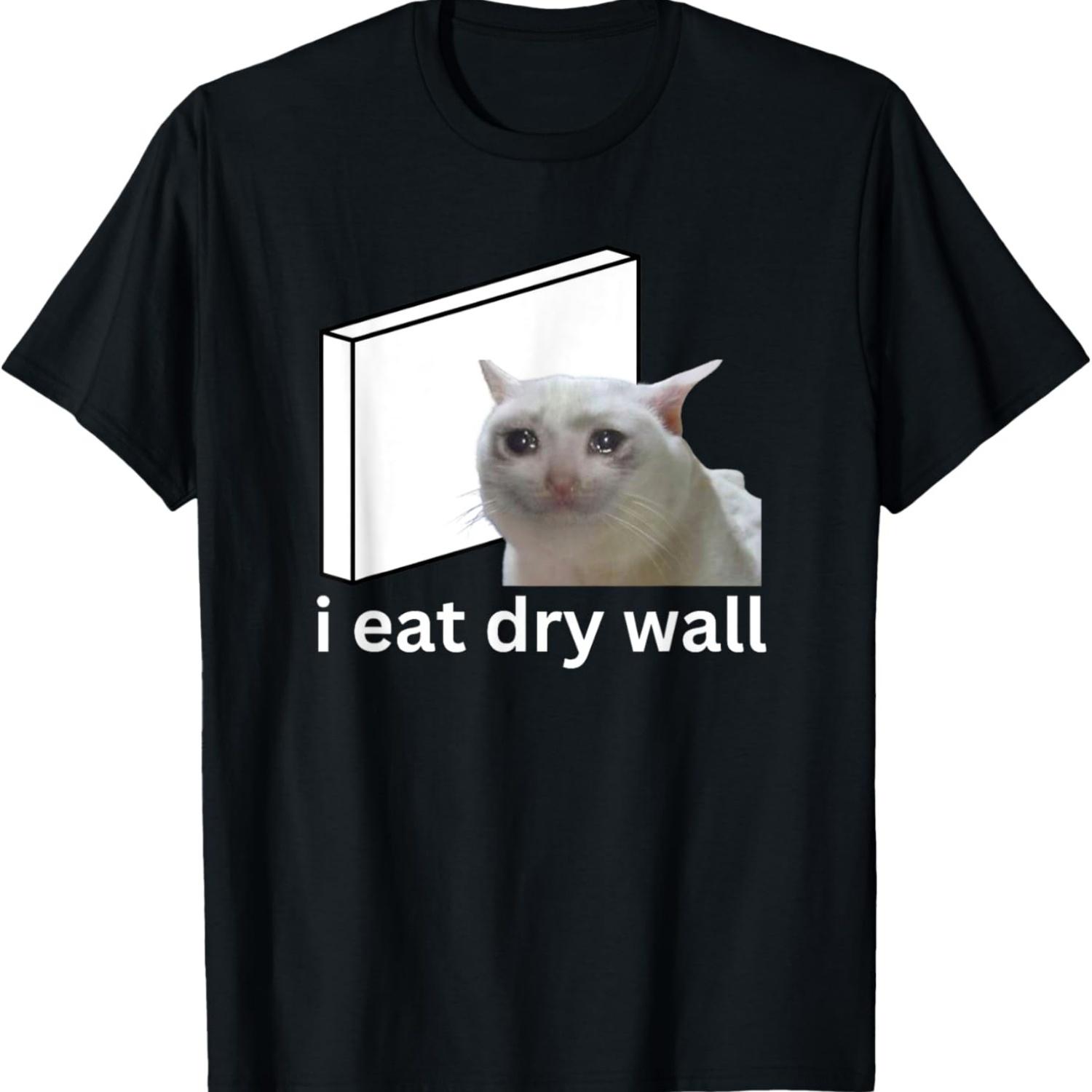I Eat Dry Wall Funny Cursed Crying Cat Meme T-Shirt S