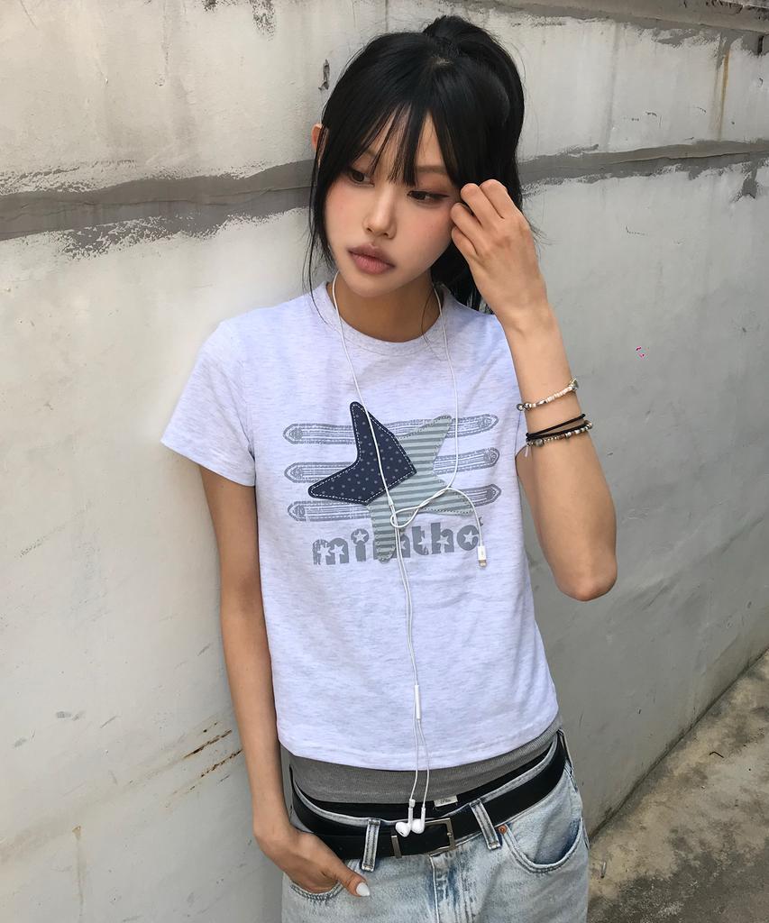 Mimdeowodeulobeu Napoleon Star Crop Patch T-Shirt_Light Gray