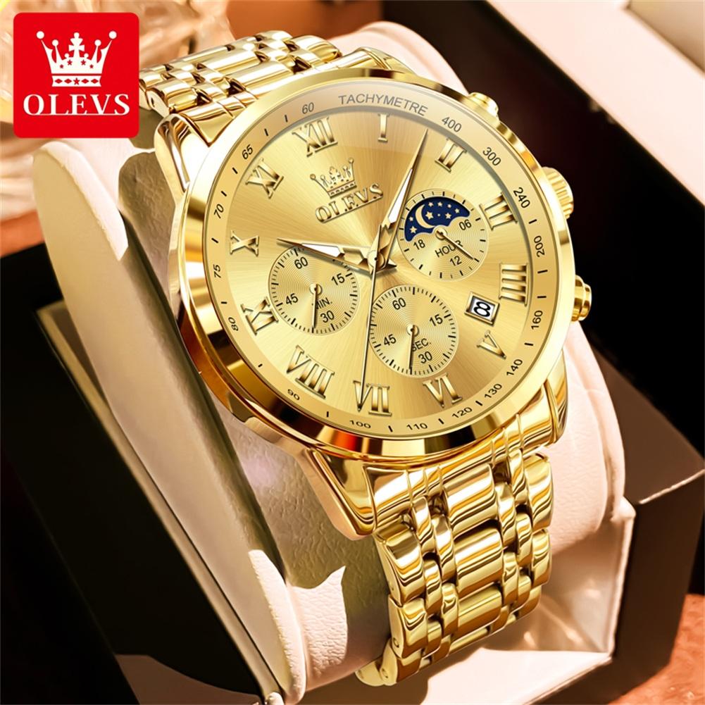 OLEVS Men's Watches Sport Fashion Fine Steel Original Brand Quartz Wristwatch for Man Roman Scale Waterproof Moon Phase Date New