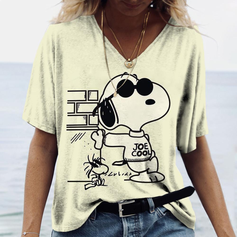 Dámská trička Disney Snoopy 3D potisk Nová V-výstřih Krátký rukáv Letní Ležérní Dámské oblečení Harajuku Y2K Hip Hop Oblečení