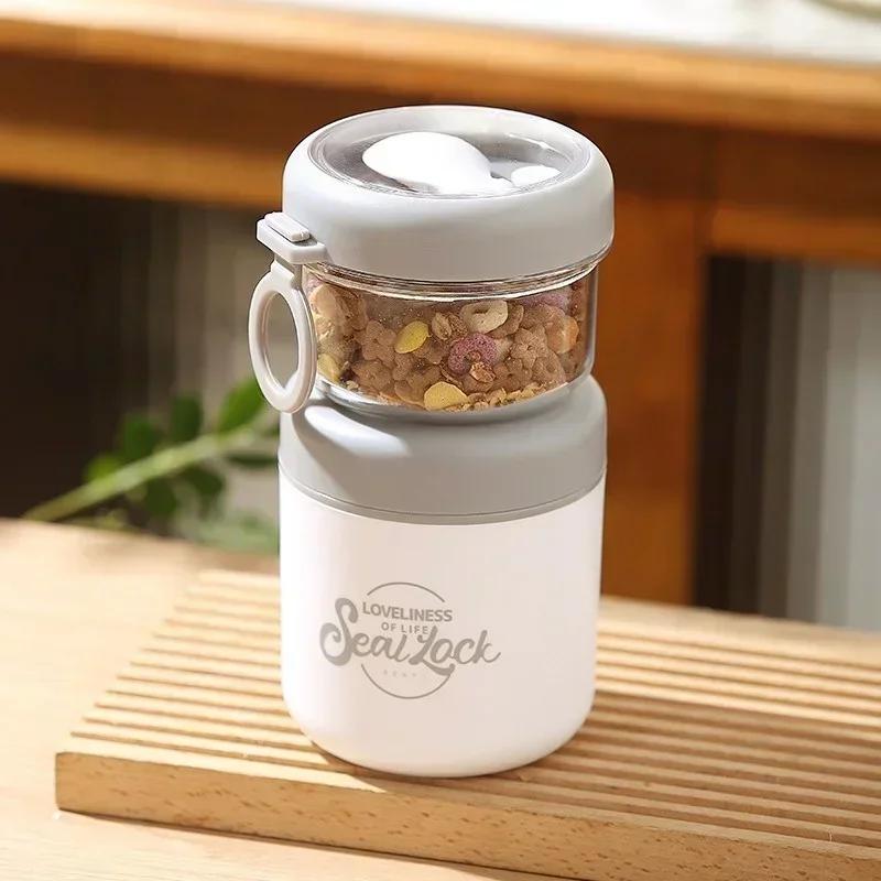 Stainless Steel Double Layer Salad Cup with Spoon Breakfast Oat Milk Fruit Salad Bowl Portable Lunch Box Office Worker Students 2