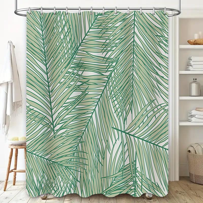 Green Palm Leaf Print Shower Curtain Waterproof Home Decor Bathroom Decorative Bath Curtains Green 250X180Cm (White Background)