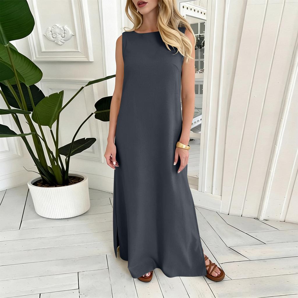 Women's Fashion Round Neck Sleeveless Colour Casual Resort Maxi Dress With Split Hem In Cotton,Linen Blend