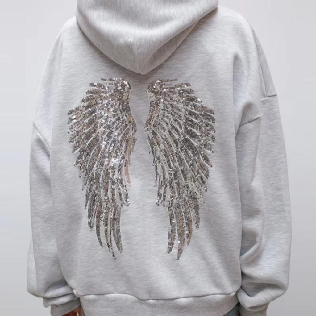 2KWEIRD Women's Shinny Sequin Angel Wings Hooded Jacket Pant Long Sleeve Loose Casual Hooded Pullover New Lady Y2K Autumn Outwears