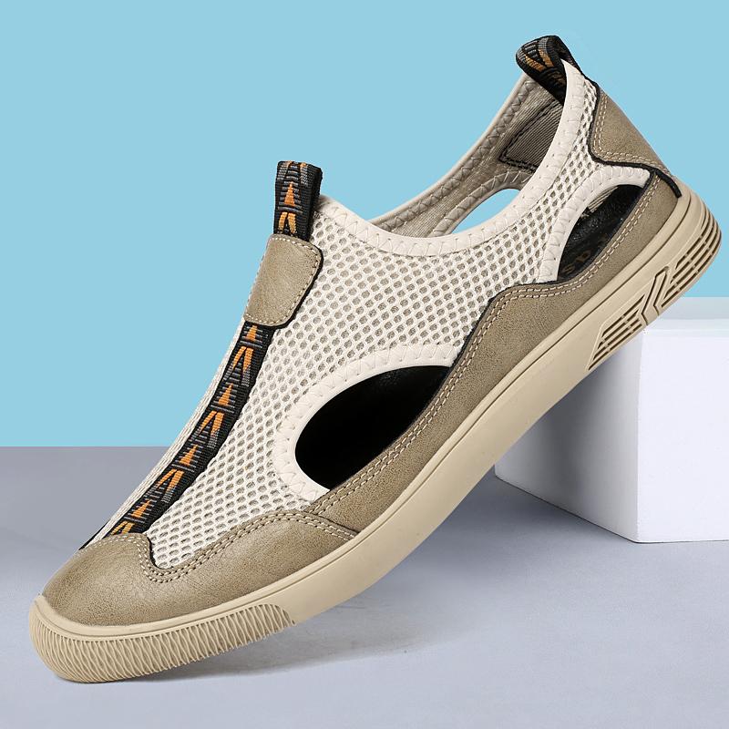 Sandale Bărbătești din Piele Perforată Plajă Exterior Mesh Piele Moale Pantofi Casual Timp Liber Durabili Bărbați 2024 Adidași Noi de Vară
