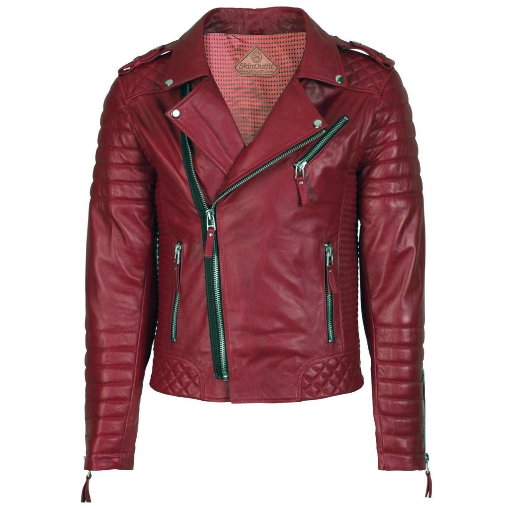 SKINOUTFIT Men Motorcycle Leather Jacket Genuine Dark Red Lambskin Café Racer Biker Outerwear