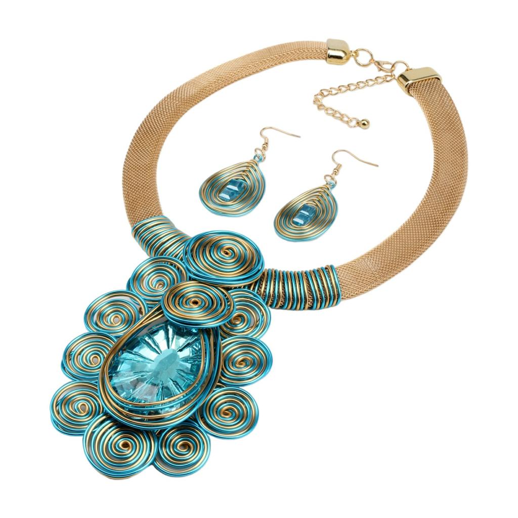 Crystal Pendant Necklace Earrings for Women Chunky Statement Flower Festival Ethnic Tribal Jewelry Accessories