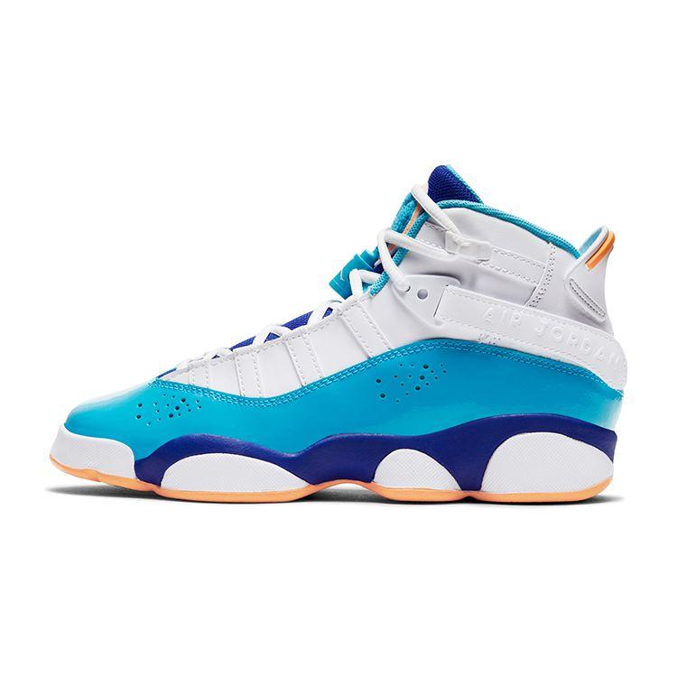 Jordan Air  6 Rings Synthetic Leather TPU Trendy Sports High-Top Kids Basketball Shoes Kids sneaker White Blue 323399-105