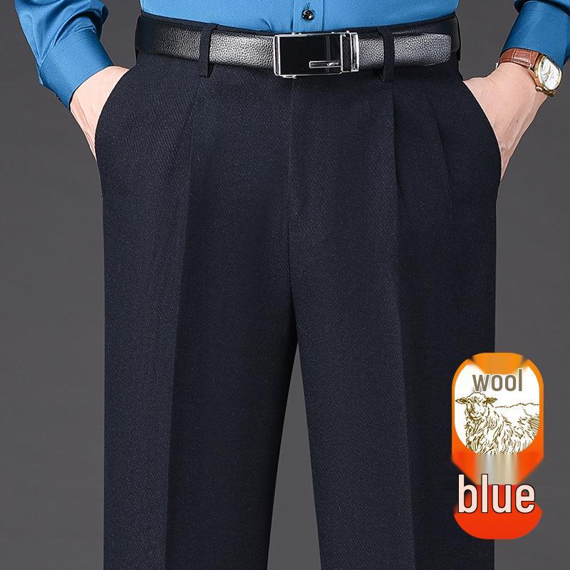 Herren Wollfleece-Hosen mit hohem Bund: Herbst/Winter, Doppelfalte, Lockerer Schnitt, Gerades Bein für mittleres und älteres Alter.