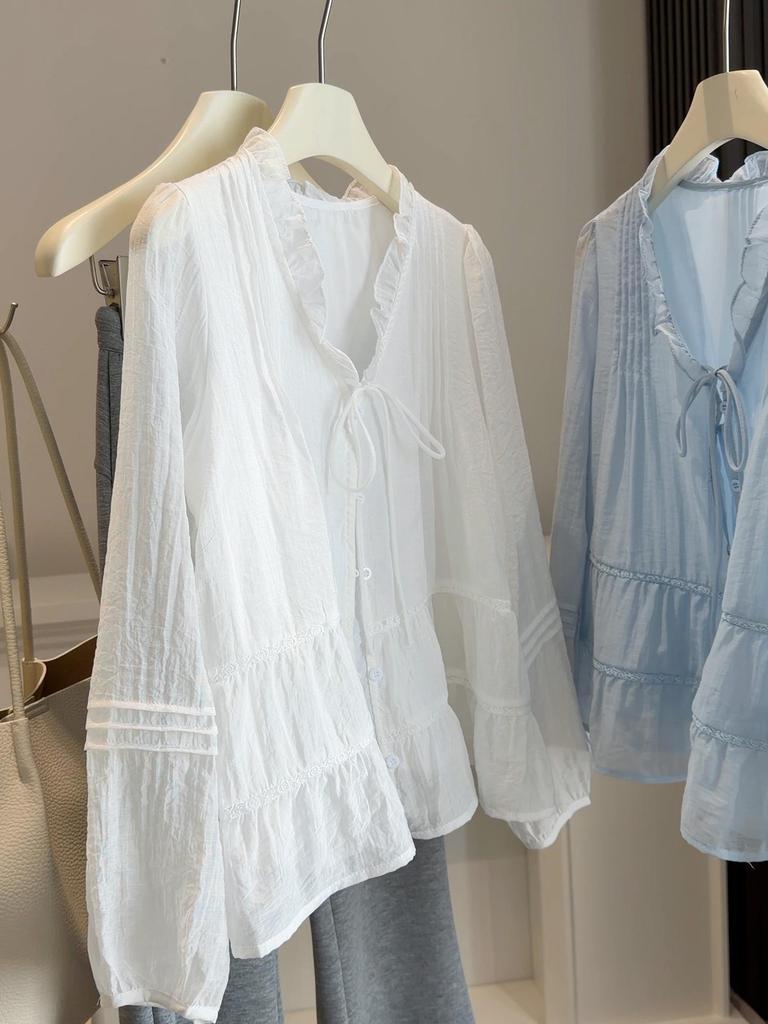 2026 Spring/Summer Women's French V-Neck Ruffle Tie-Up Loose Lantern Sleeve Shirt