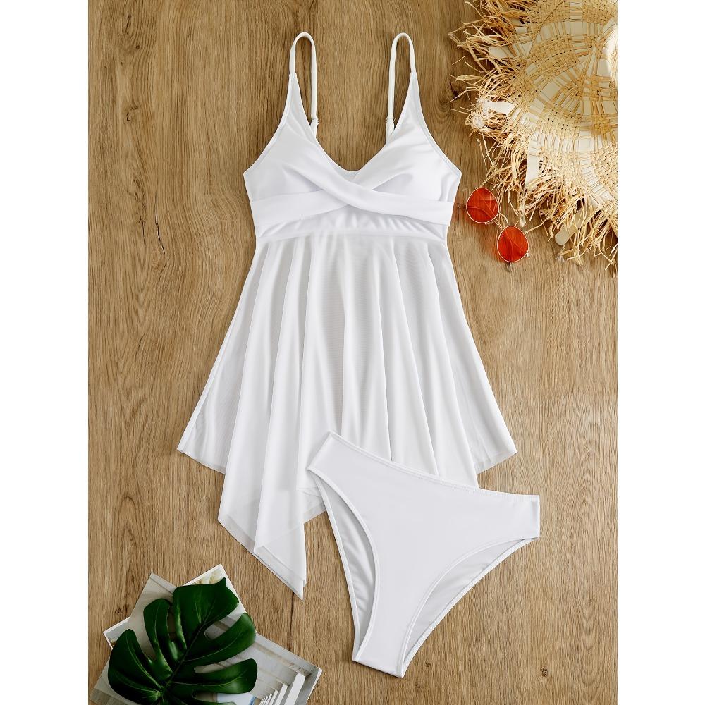 Einfarbiges Mesh Kontrast Criss Cross Rock 2-teiliges Set Bikini, Scoop Neck Spaghettiträger Twist Einfarbig Damen Bademode