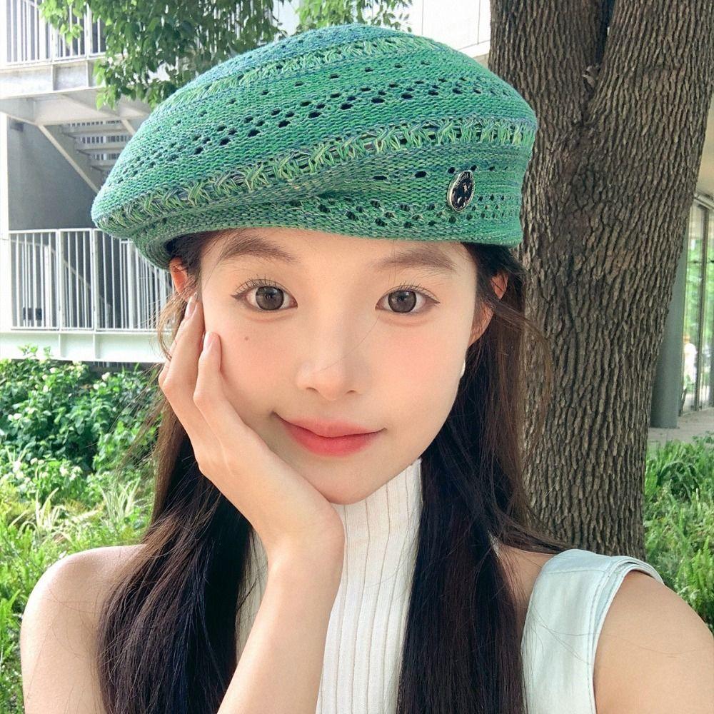 Vintage Hollowed Out Beret Hat Japanese Style Crochet Knitted Cap Elegant Weave Painter Hat  Spring
