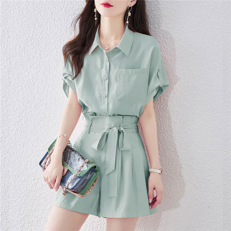 

Women s Stylish Summer Two-Piece Set: Short-Sleeve Shirt & Wide-Leg Shorts S (Up to 95 lbs) светло-синий