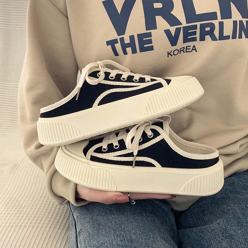 

Женские тапочки с полуподдержкой, модные для ношения на улице, весенне-летние, новые, повседневные парусиновые туфли на толстой подошве, сандалии с пучком для ленивых 40 чёрный