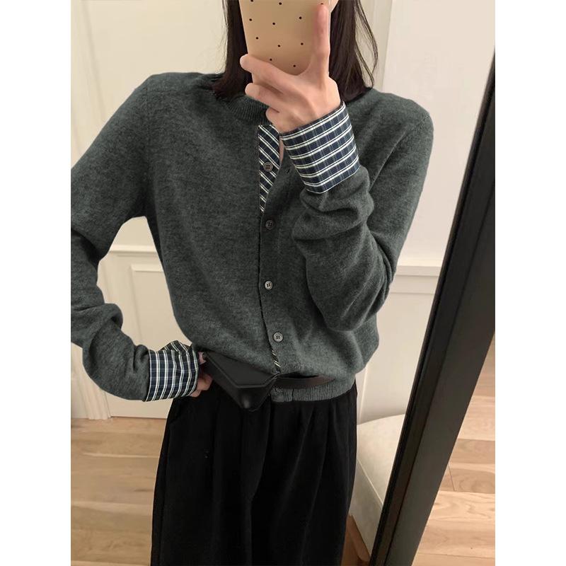 Plaid Contrasting Color Fake Two-piece Knitted Cardigan Women's Spring Age-reducing Top Temperament Versatile Jacket Sweater