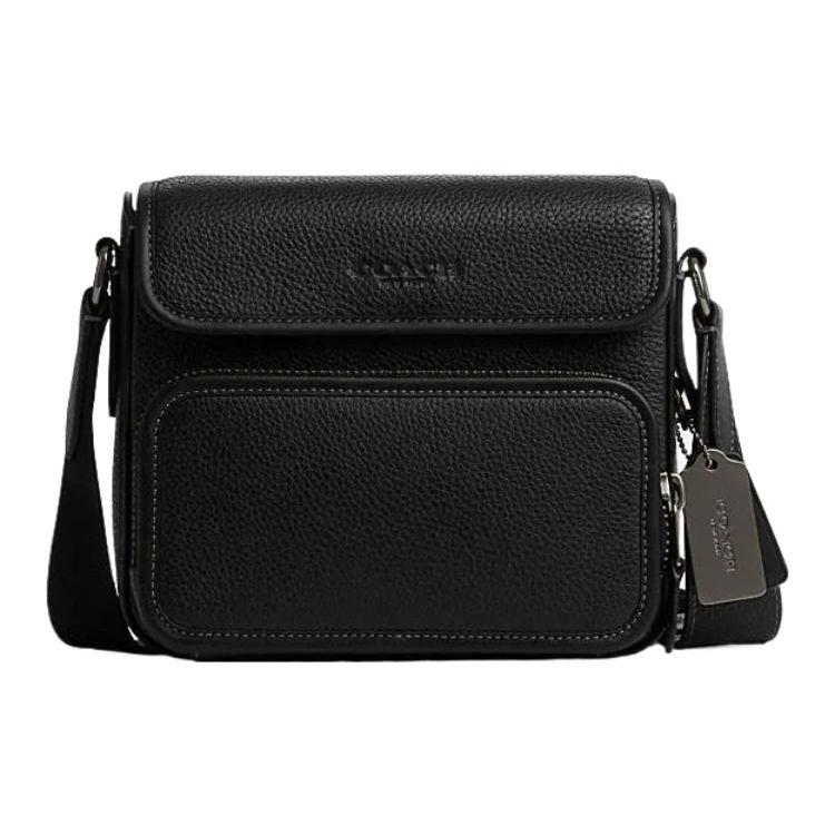 Coach Men's Grain/Black Sullivan 20 Textured Logo Zipper Magnetic Closure Pebble Leather Messenger Bag Shoulder Bag Cn729-Qbbk
