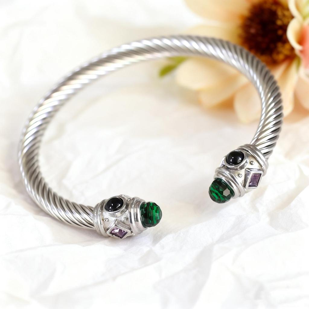 Stylish European-American 18K Gold Stainless Steel Wire Bracelet for Women, Geometric Open Design, Inlaid with Colored Diamonds, Colorfast.