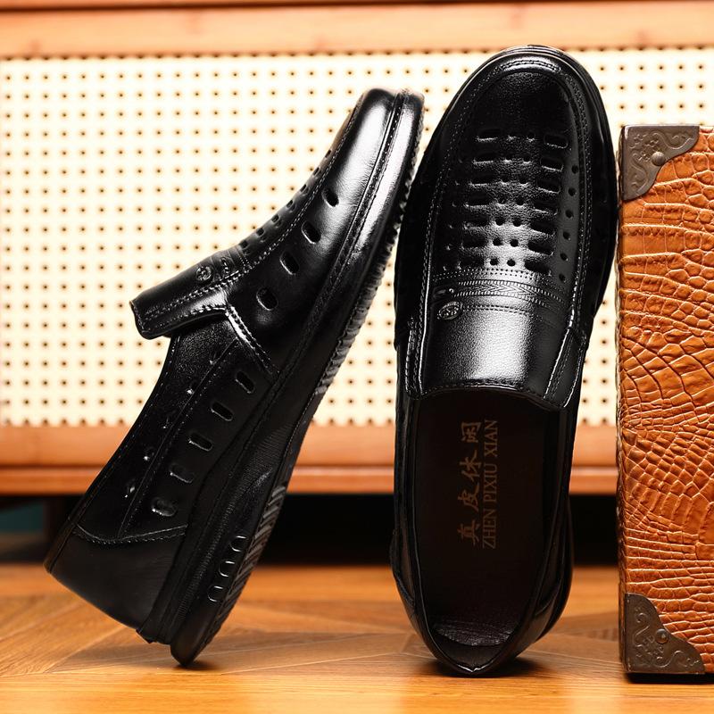 

Cowhide men s sandals large size summer hollow hole shoes genuine leather, non-slip middle-aged and elderly breathable soft-soled dad shoes 38