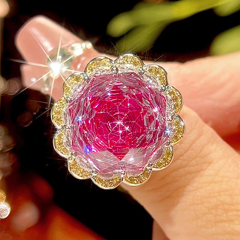 

New Huabi Jewelry Copper Bottom Gold Plated Rose Cut Rose Red Light Luxury Seiko Set Female Main Stone 16-10m
