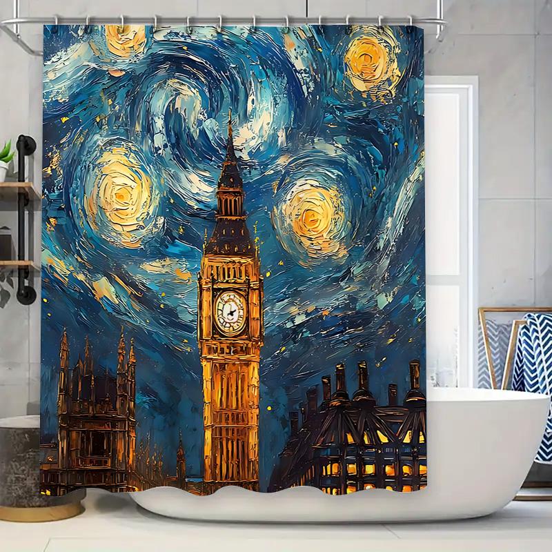 

London Night Scene Shower Curtain Waterproof And Anti-Mold Creative Art Tapestry Home Decor Bathroom Liner Complimentary Hook W60H190(CM)-1 Pcs