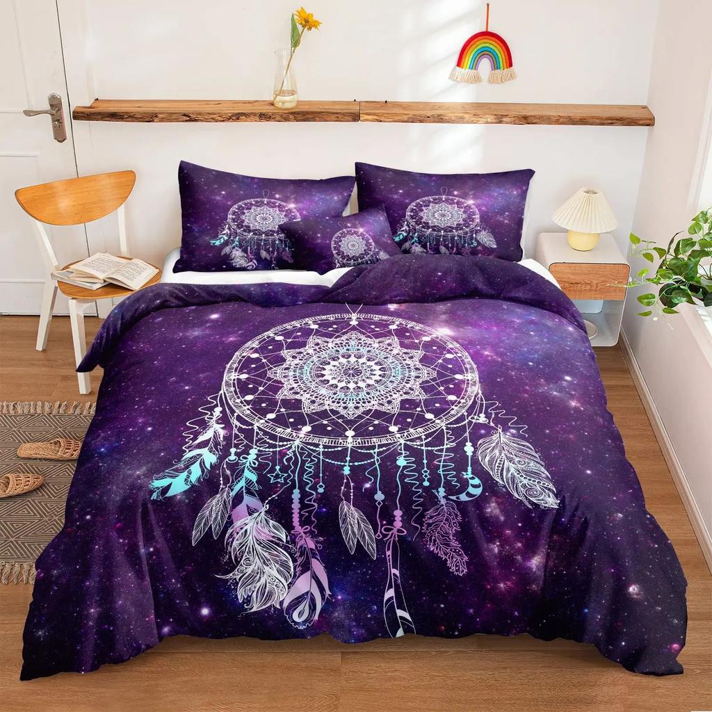 Dream Catcher Printed Duvet Set Bohemian Feather Design Bedding Set Three-Piece Set