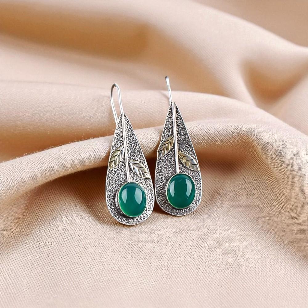 Rare Green Onyx Cab Gemstone 925 Sterling Silver Jewelry Handmade Earrings2.00" EE-72-32