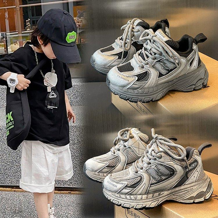 Leather boys' shoes spring 2025 new girls' dad shoes medium and older children's sports shoes children's Korean version of running shoes