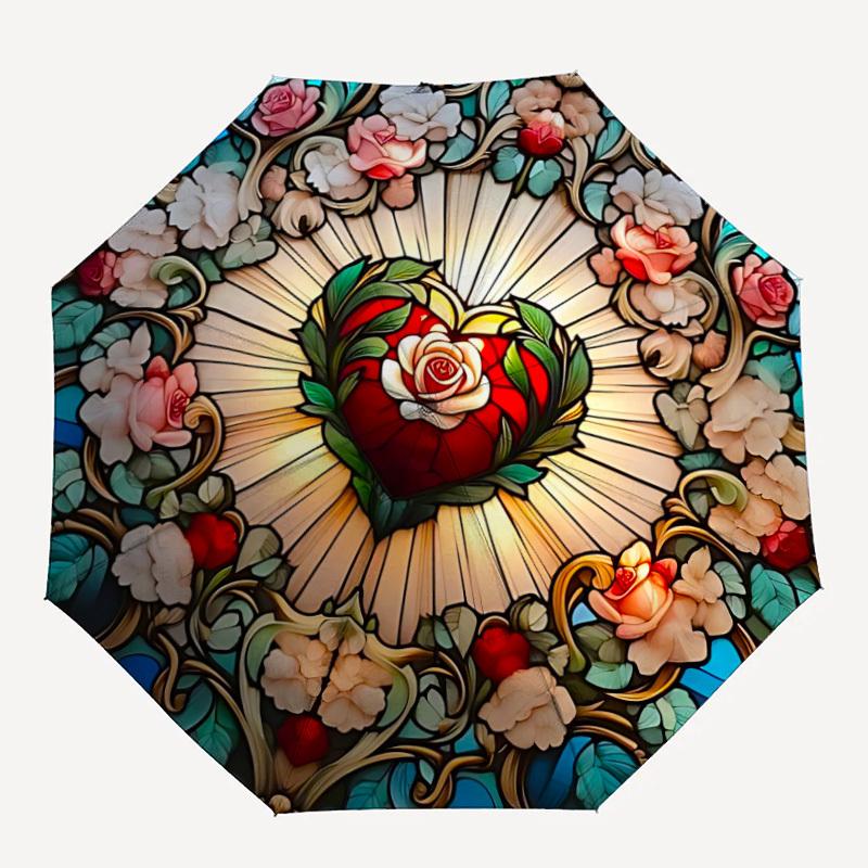 1pc Stained Glass Heart Automatic Umbrella Portable Home Essential Umbrella, Iron Umbrella Structure Suitable for All Seasons Yy251123149