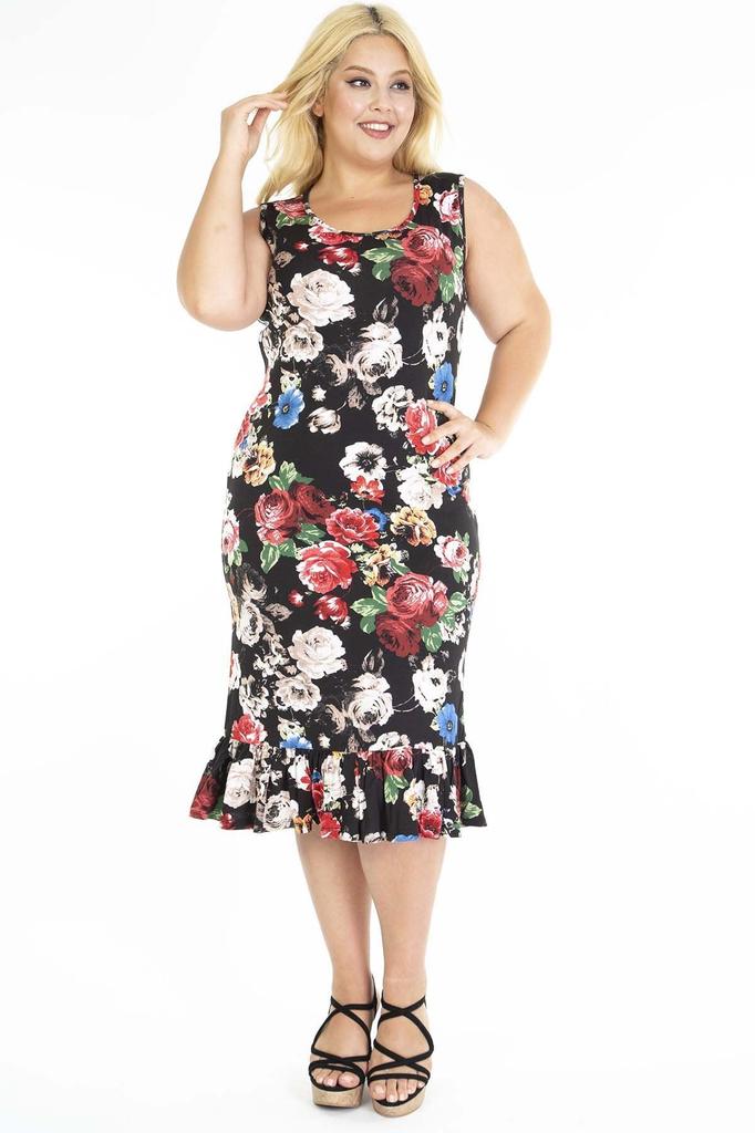 Women's Big Size Dress Patterned Black Plus Size Dress with Frilled Skirt