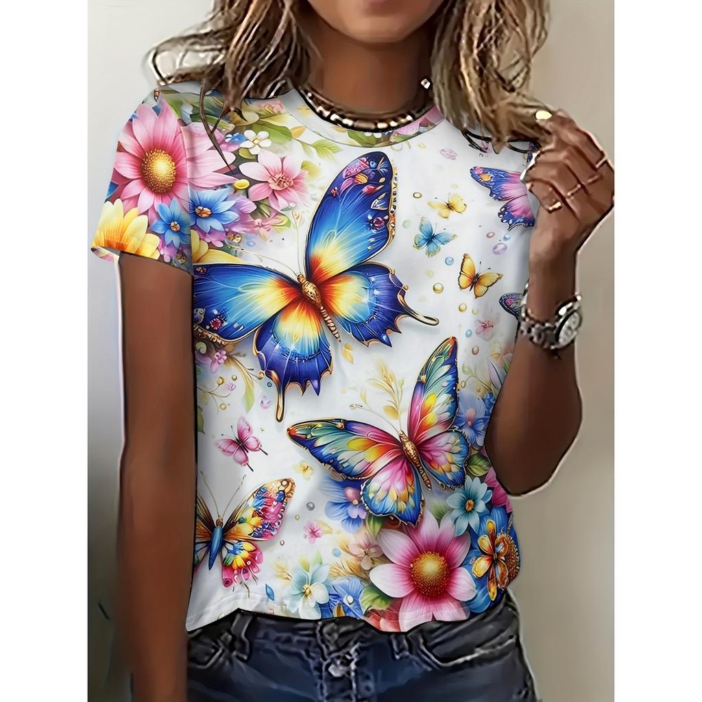 Summer Fashion Ladies T Shirt Beautiful Floral Pattern Printed Tee Round Neck Short Sleeve Regular Tops Women's T-Shirt