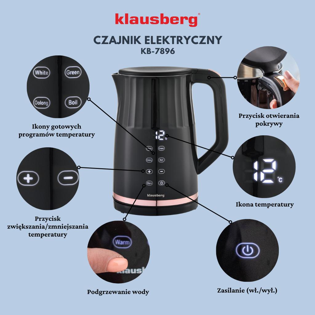 Electric Kettle with Temperature Control 1.7L Cordless Black KLAUSBERG KB-7896