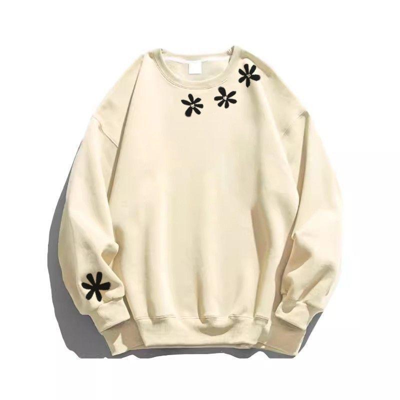 Heavy Cotton Floral Round Neck Sweatshirt for Women Autumn and Winter 2025 New Loose Slim Long-sleeved Inner Layering Top